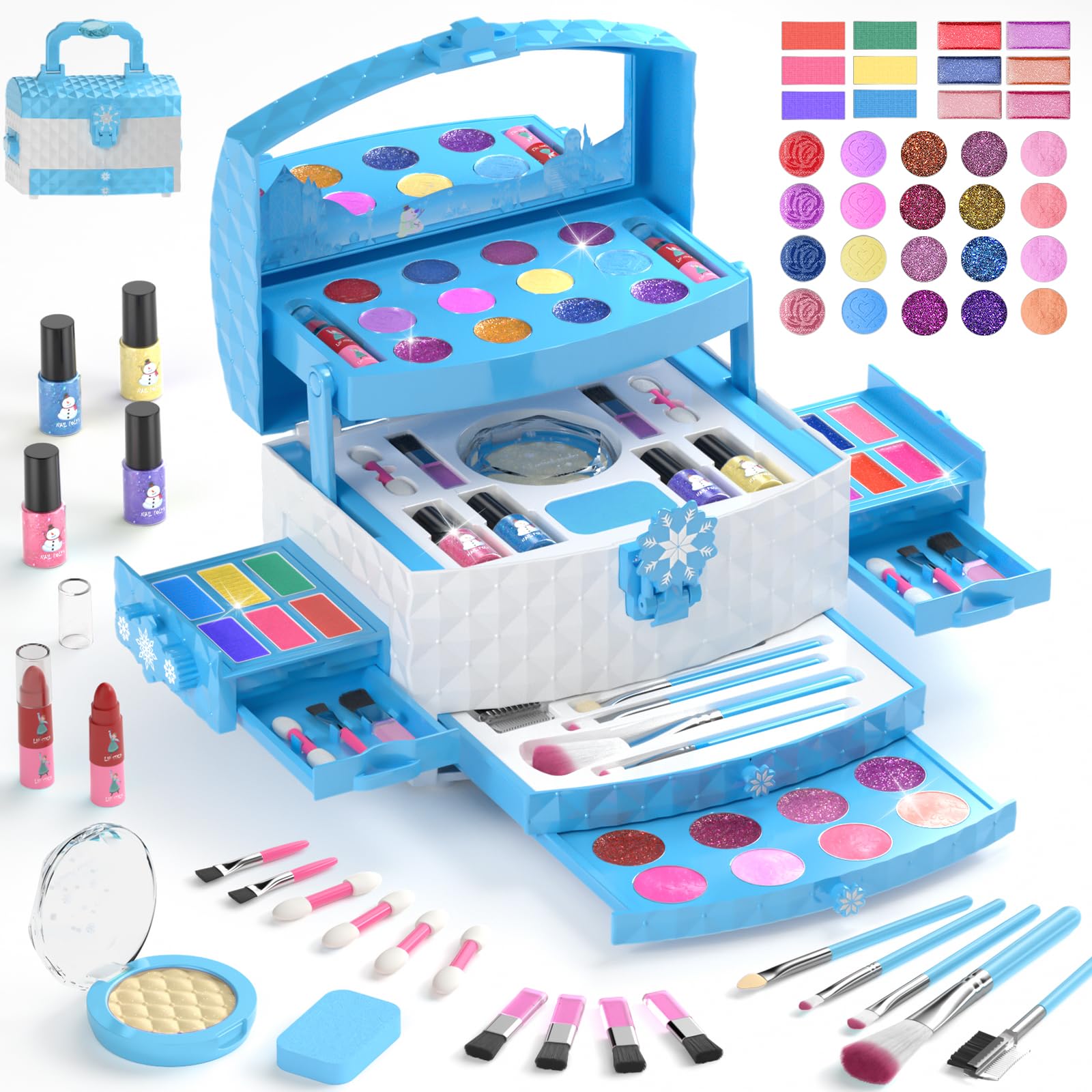 GirlsHome Kids Makeup Set for Girl 56 Pcs Washable Real Cosmetic, Non-Toxic Frozen Toys Toddler Makeup Kit, Frozen Princess Dress up Kit Christmas & Birthday Girl Gift for 3-12 (Frozen Blue)