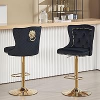 Vista 1 de Juego de 2 taburetes de bar negros y dorados, taburetes de bar de terciopelo con respaldo de ala alta, modernas sillas de bar tapizadas, taburete