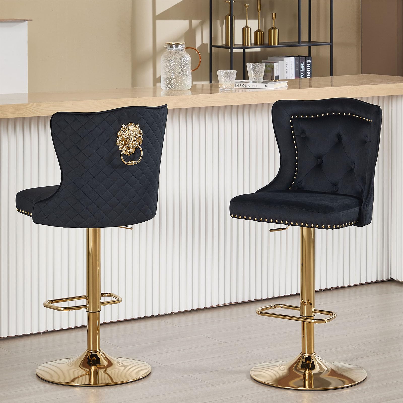 Chummaven Black and Gold Bar Stools Set of 2, Velvet Bar Stools with High Wing Back Modern Upholstered Bar Chairs,Adjustable Counter Height Barstool