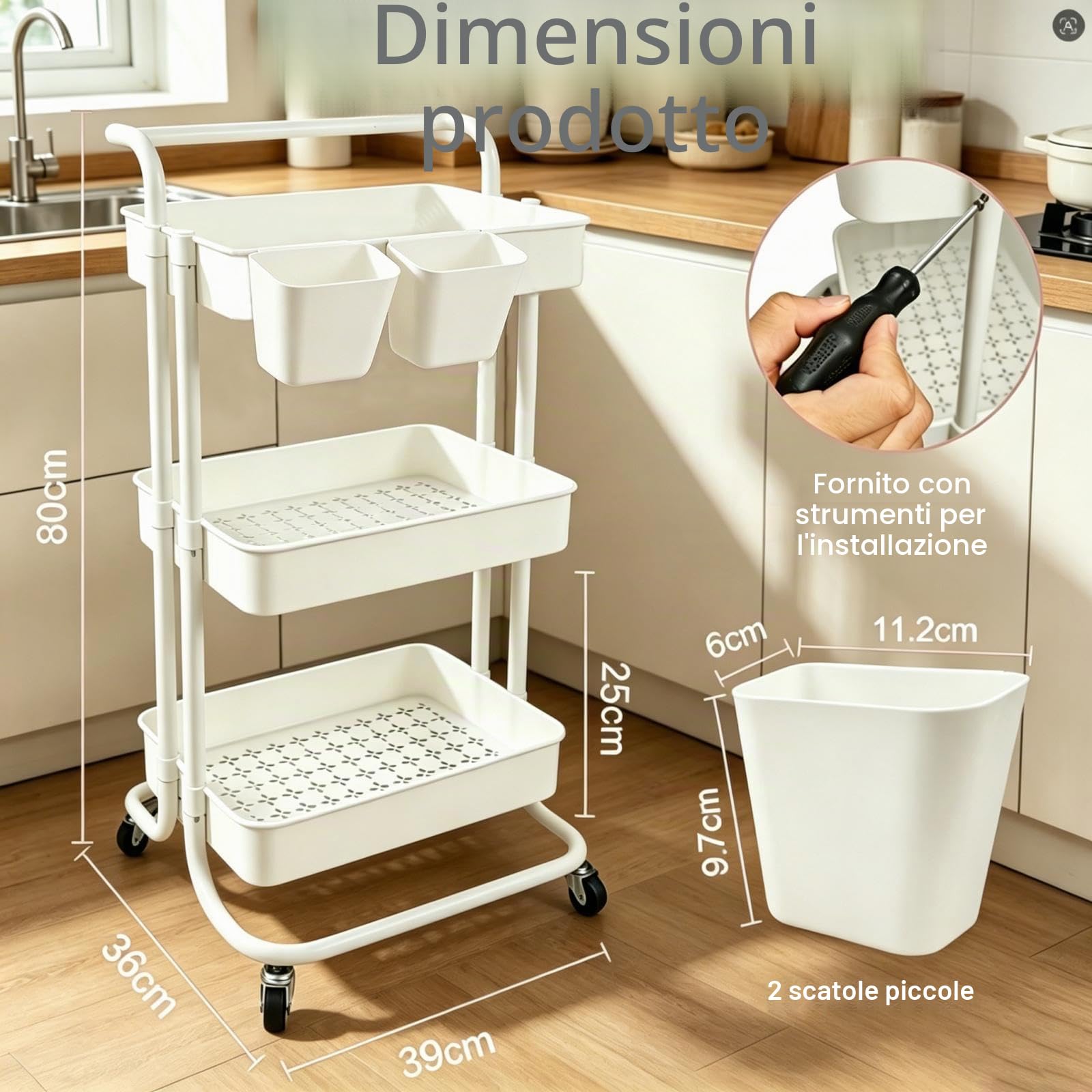 Carrello Cucina a 3 Ripiani, Carrello con Ruote Portatutto Cucina, Carrellino Salvaspazio, Carrello Portaoggetti con 2 Scatole, Supporto in Metallo e Cestino Plastica, 39x36x80cm, Bianco