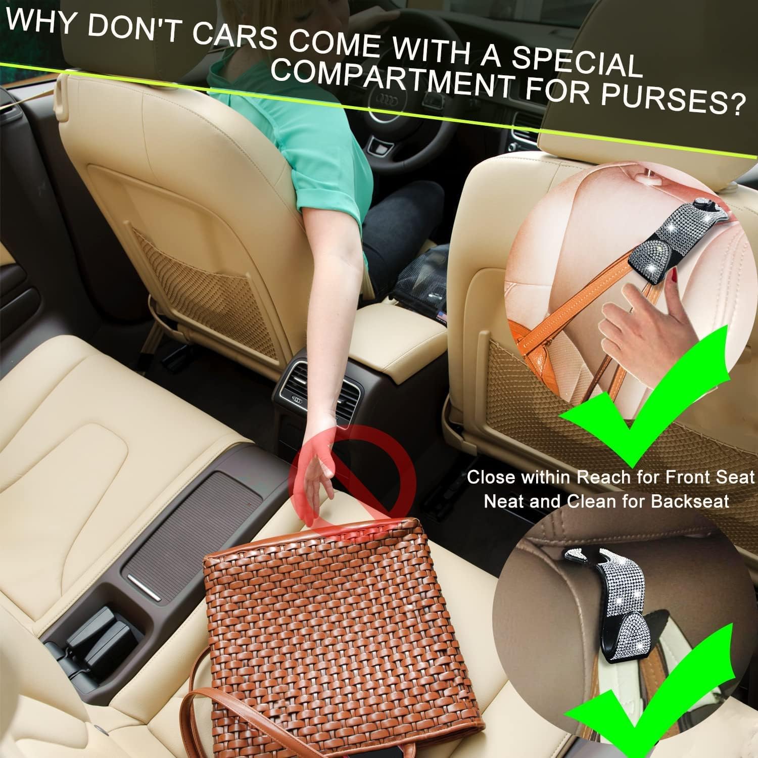 SEAMETAL Bling Car Seat Headrest Hook Front Seat,Auto Hooks Bling Car Hangers,Bling Car Seat Hanger Backseat 2PACK