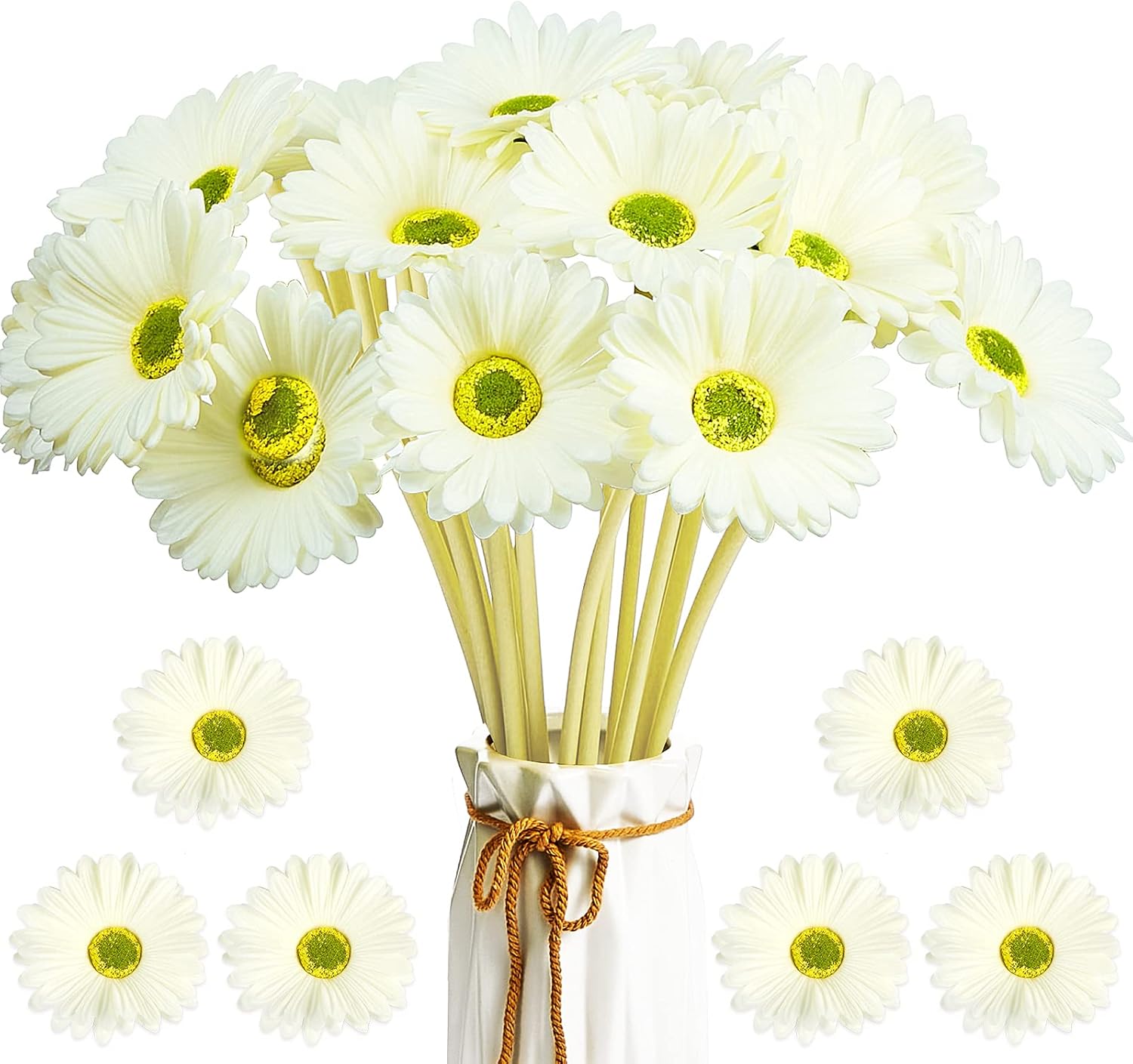 WILLBOND 18 Pcs Artificial Gerbera Daisies Flowers 15 in White Fake Daisy Bouquet with Flexible Stems Boho Faux Wildflower for Wedding Bridal Groovy Party Home Kitchen Decor, 6 Colors