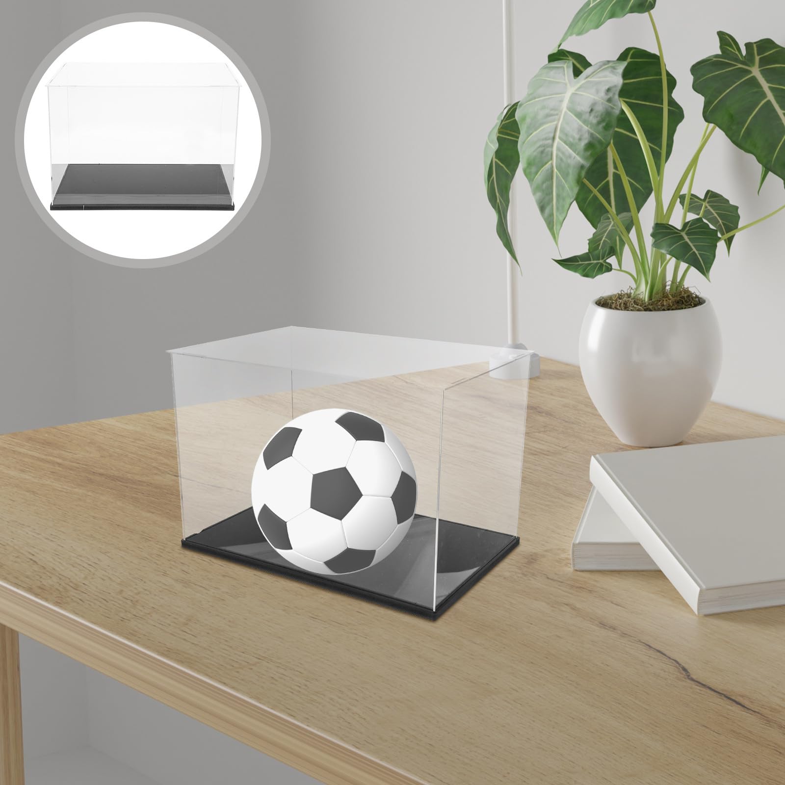 WOONEKY Caja Expositor Transparente para Fútbol con Soporte Negro Contenedor Apilable de Acrílico Resistente para Balones de Fútbol Estándar para Almacenamiento y Exhibición de