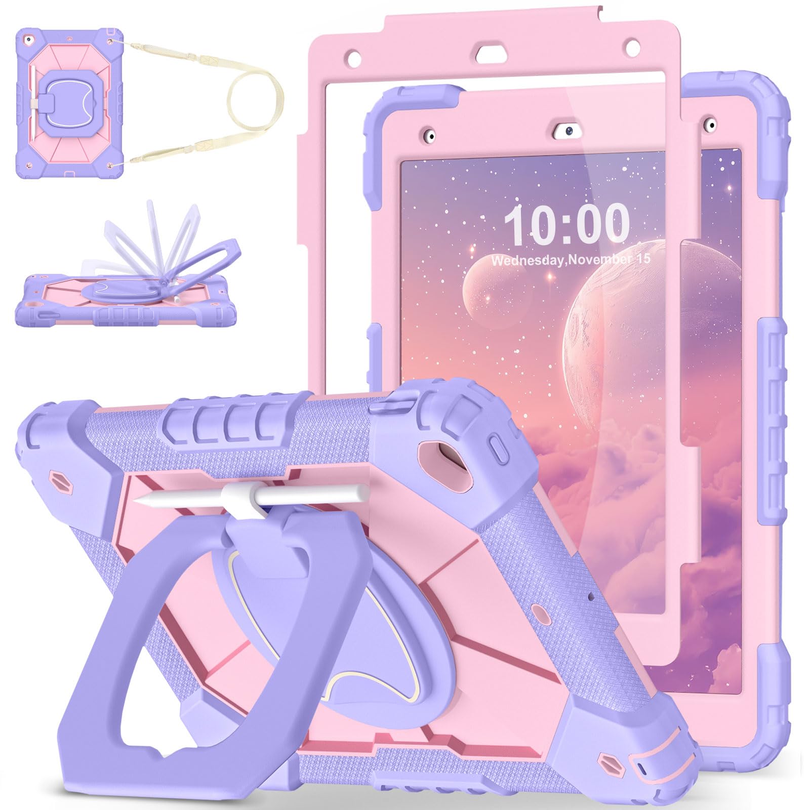 WESOROL Case for iPad 9th Generation 10.2 Inch Tablet Case Military Grade Shockproof Cover for iPad 9th/8th/7th Gen Cases with Rotating Stand Screen Protector Pencil Holder,Purple Rose
