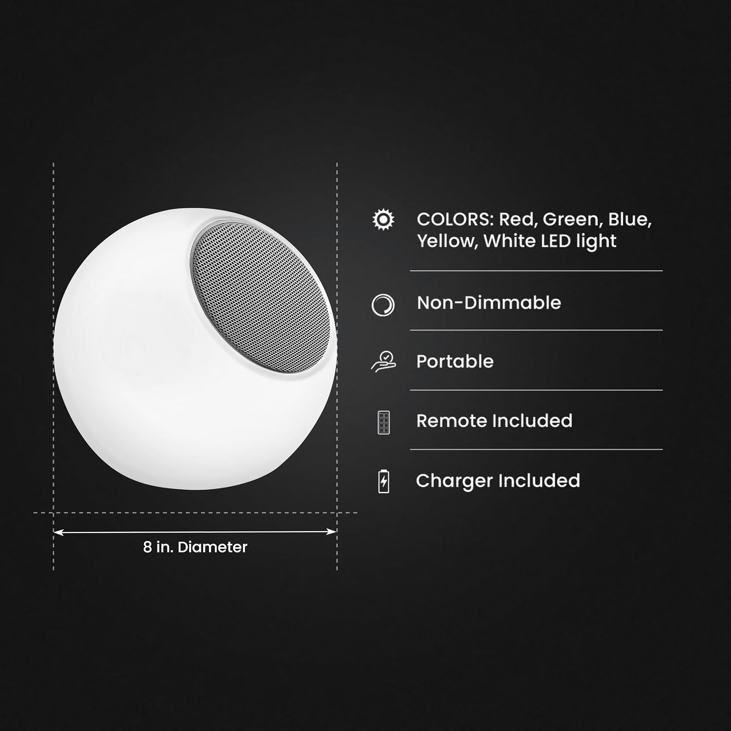 Feit Electric 8" Portable Color Changing LED Orb Light with Bluetooth Speaker, Music Sync, Rechargeable and Remote Control Included - BTORB8RGBWBAT
