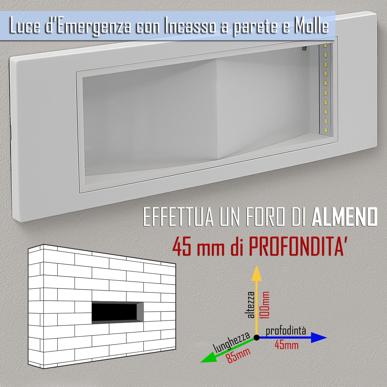 MAKA Luce di Emergenza LED 5W da Incasso a Parete con Molle, 300 Lumen, 6500K Luce Fredda, Batteria 3.7V 2200mAh, 1 Ora Autonomia, con 4 Adesivi Direzionali Inclusi, per Scale, Corridoi
