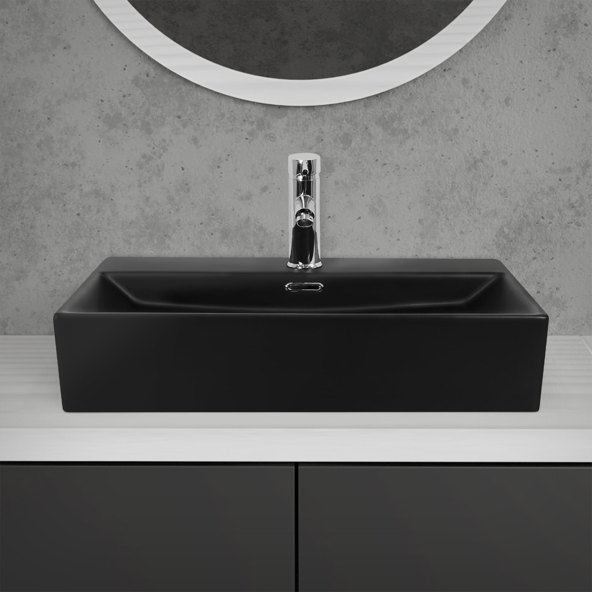 LuxeBath Lavabo in Ceramica 605x365x130 mm Colore Nero Opaco Lavello da Appoggio Rettangolare Lavandino Design Moderno Sanitari per Bagno Casa Hotel Bacinella per Ospiti Rubinetteria per Bagno