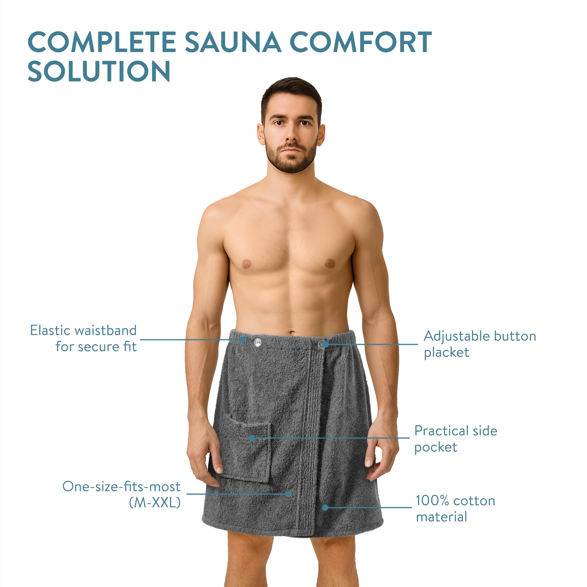JEMIDI Męski kilt do sauny, frotte, rozmiar M-XXL, antracyt, 100% bawełna, kilt do sauny, sarong, ręcznik do sauny (męski, antracytowy, bez haftu)