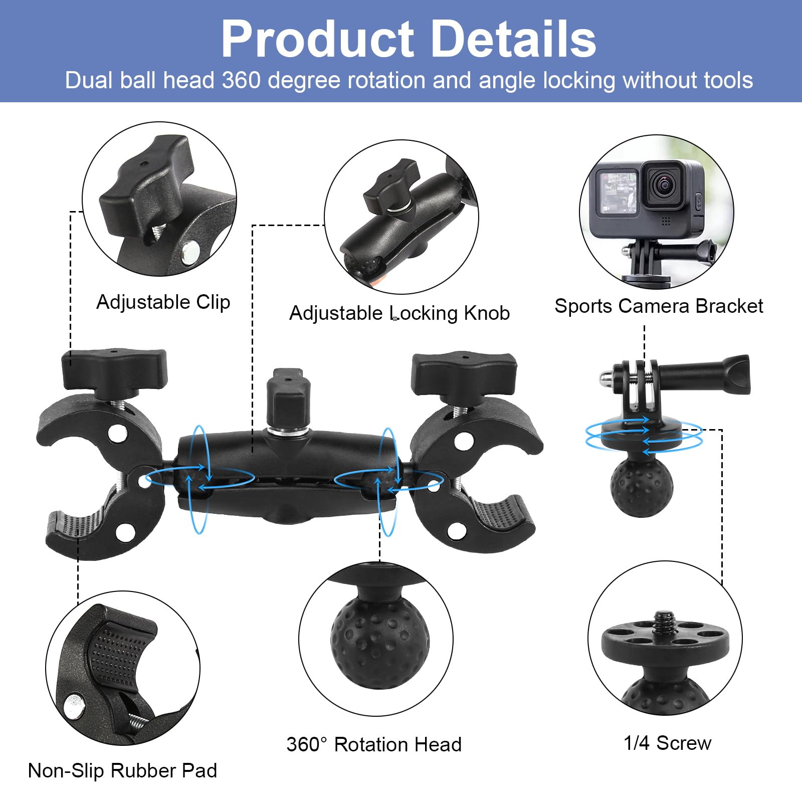 Supporto Action Camera Supporto Morsetto per Fotocamera con Filo da 1/4"-20 Morsetto a Doppia Testa Rotante a 360° Super Clamp per GoPro Treppiedi Leggeri Riflettori Biciclette Moto Manubri
