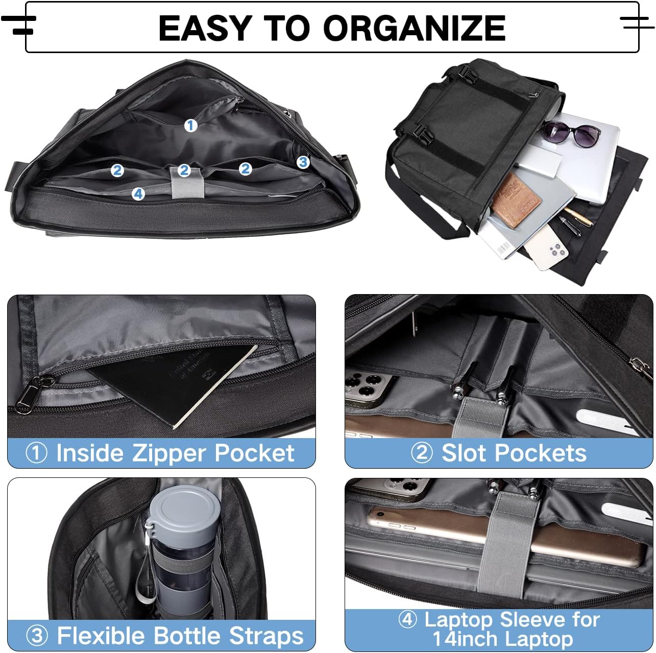 VASCHY Messenger Bag,Water Resistant Casual Lightweight Slim Crossbody Shoulder Bag for Men Women Work School for 14in Laptop - Image 4