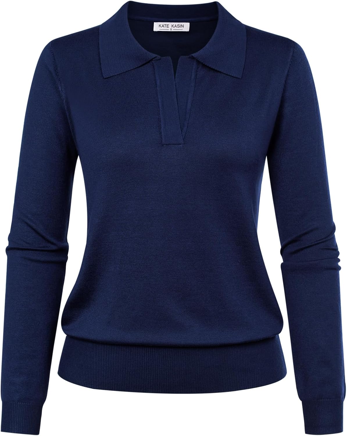 Kate Kasin Women Long Sleeve Polo Sweater V Neck Knitted Tops Casual Ribbed Shirt Loose Pullover Sweater