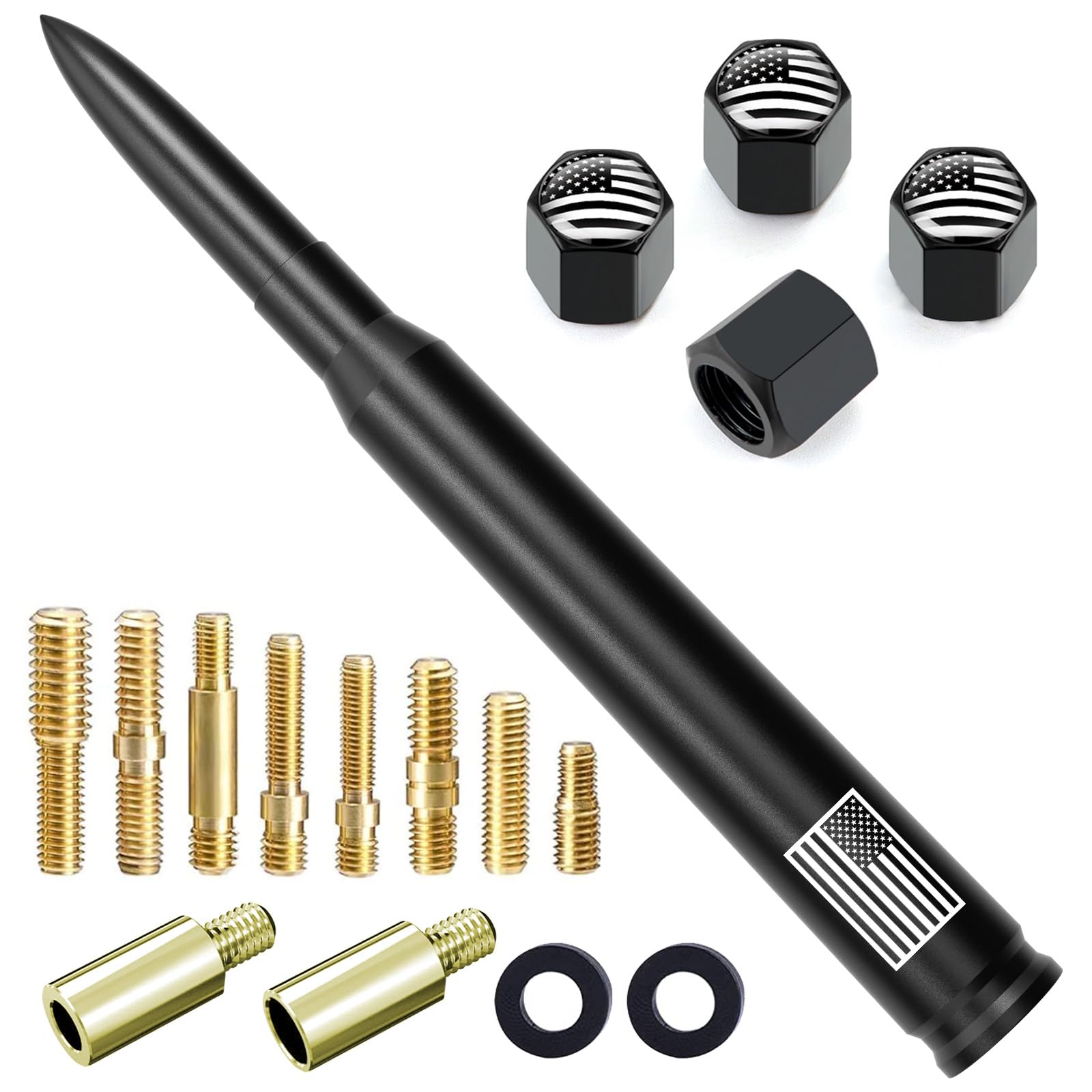 Car Truck Bullet Antenna with Tire Valve Caps American Flag Universal Short Replacement for GMC Sierra Chevy Silverado Dodge Ram 1500 2500 3500 Ford F150 F250 F350 Super Duty Raptor, Matte Black, 7"