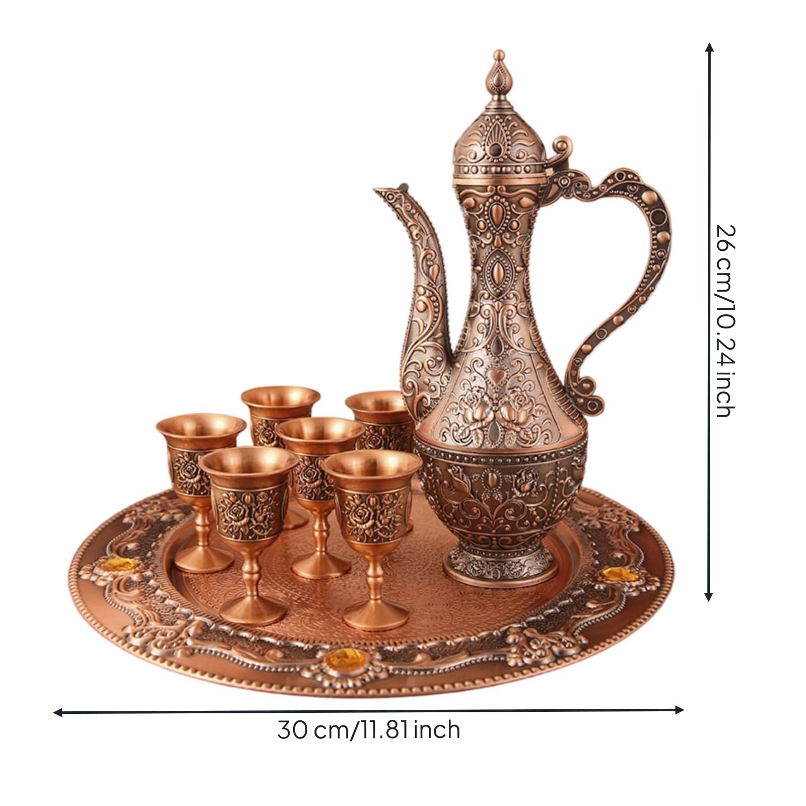 Gralara Service à Liqueur avec Plateau Gaufré Service à Liqueur en Métal Chinois Vaisselle pour Collectionneurs, Fêtes, Cuivre Antique, Rose Antique Rouge