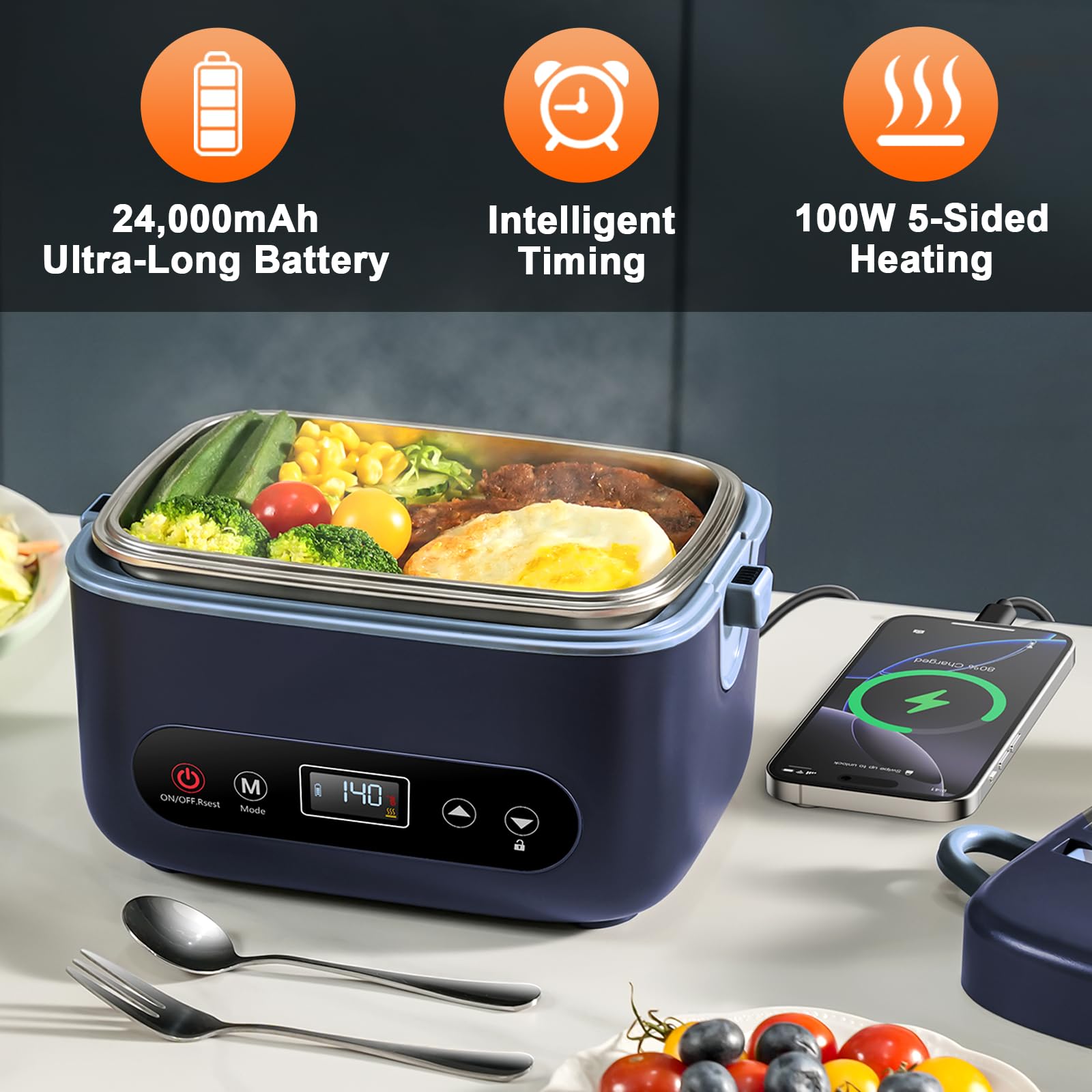 Lonchera eléctrica para hombre, lonchera térmica inalámbrica de 1.2 L, calentador de alimentos portátil recargable de 24000 mAh con control automático de temperatura, calefacción de 5 lados, a prueba