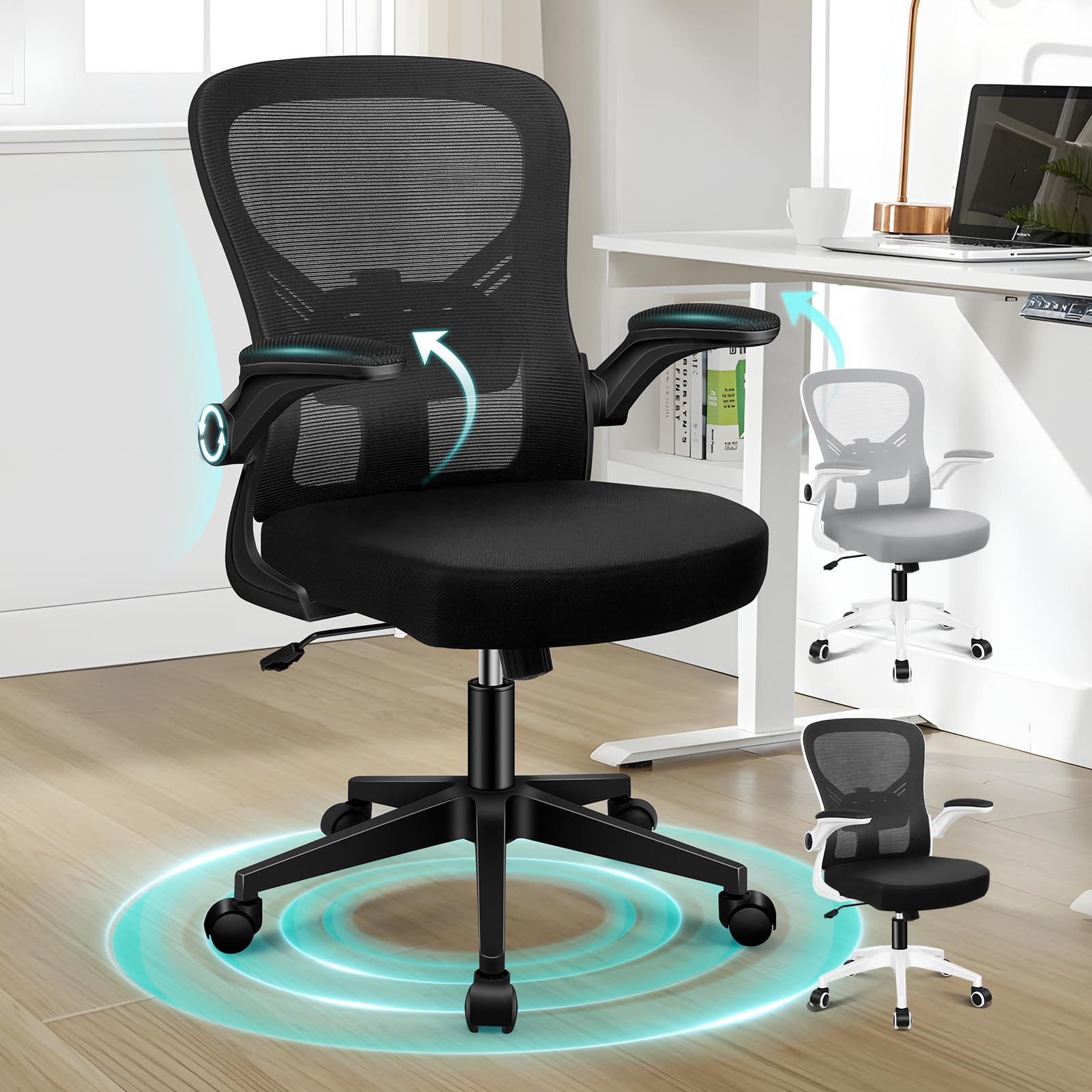 ALFORDSON Silla de Oficina de Malla con Soporte Lumbar, Asiento de Espuma de Alta Resiliencia, Ajuste Inclinable, Reposabrazos Abatibles, Ruedas Silenciosas, 180kg, Keldon, Negro
