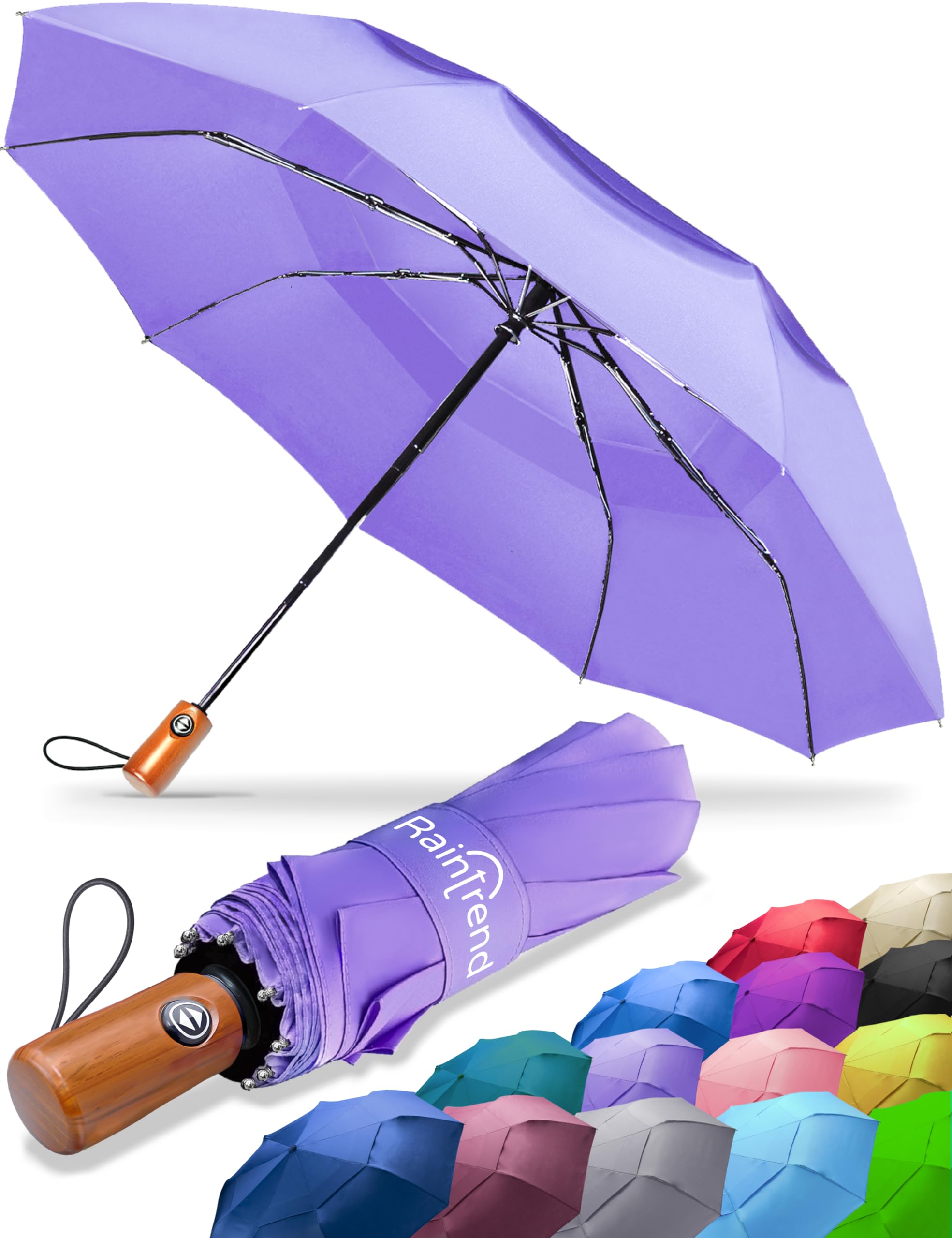 Raintrend Windproof Travel Umbrellas for Rain Automatic +10% Bigger Canopy Strong Frame Compact Folding Portable Umbrella for Women Men Backpack Purse
