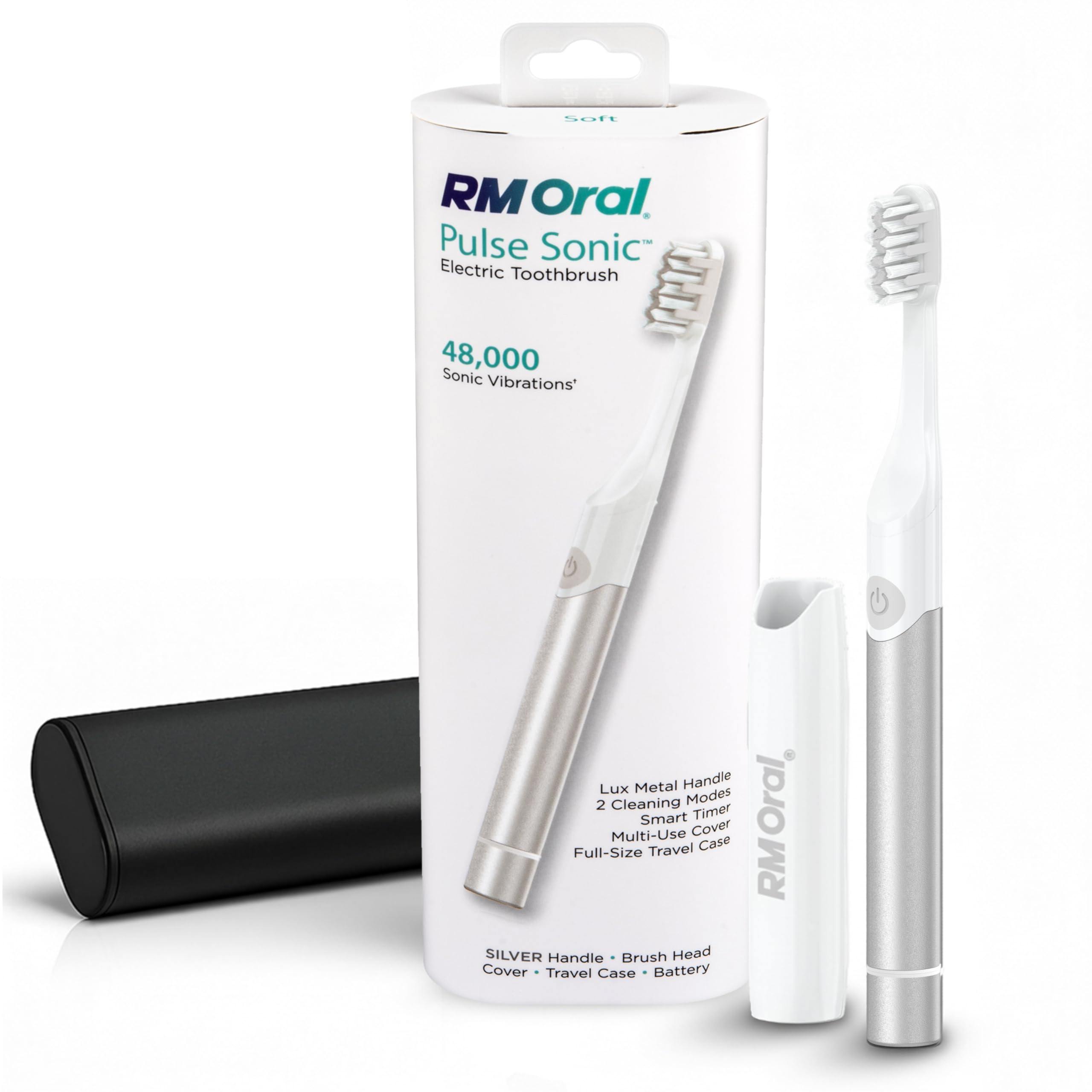 RM Oral Pulse Sonic - Cepillo de dientes con 48.000 vibraciones sónicas, mango de metal, cerdas suaves, estuche de viaje, 2 modos para blanqueamiento y eliminación de placa, temporizador inteligente