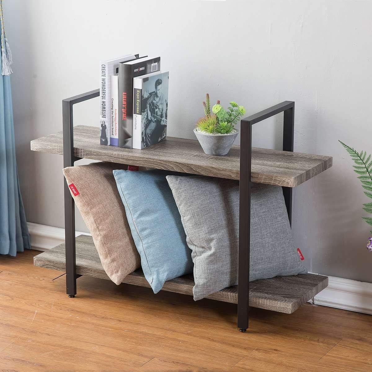 2-Shelf Bookcase, Industrial Wood Display and Storage Bookshelf, Dark Oak