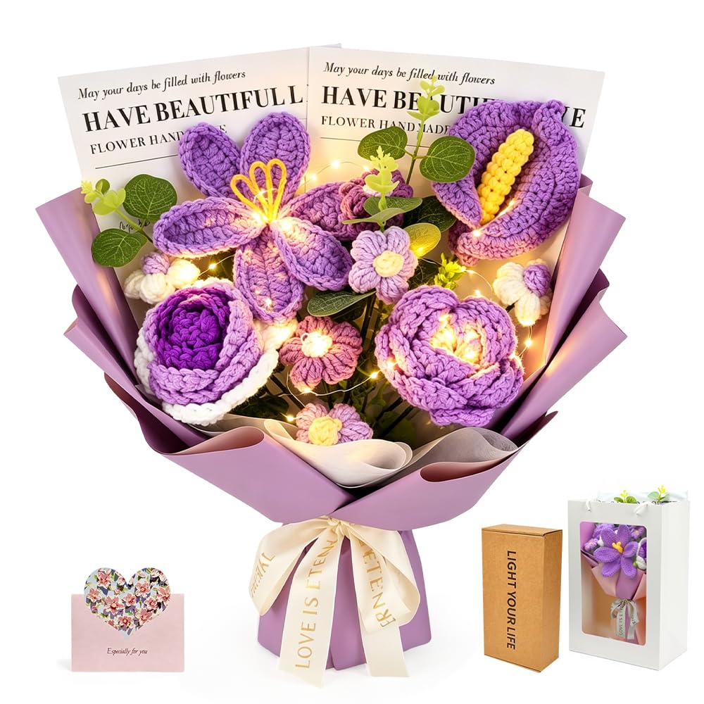 WDKXCN Crochet Flowers Bouquet, Purple Hand Knitted Rose Crochet Flower Bouquet with Gift Bag and Greeting Card, Crochet Bouquet Tulips Artificial Flowers Gifts for Anniversary Weddings Home Decor