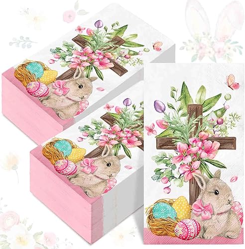 Whaline Servilletas de papel desechables de 80 hojas de Pascua, acuarela, conejo, huevo, cruz, flores, servilletas de papel desechables para cena de