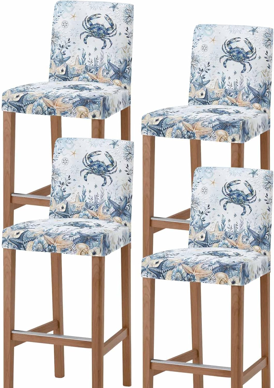 Bar Stool Chair Covers Set of 4 with Back,Blue Crab Coastal Stretch Barstool Slipcovers,Beach Starfish Nautical Coral Botanical Pub Counter Height/Swivel/Cafe/Dining Room Chairs Seat Furniture Cover