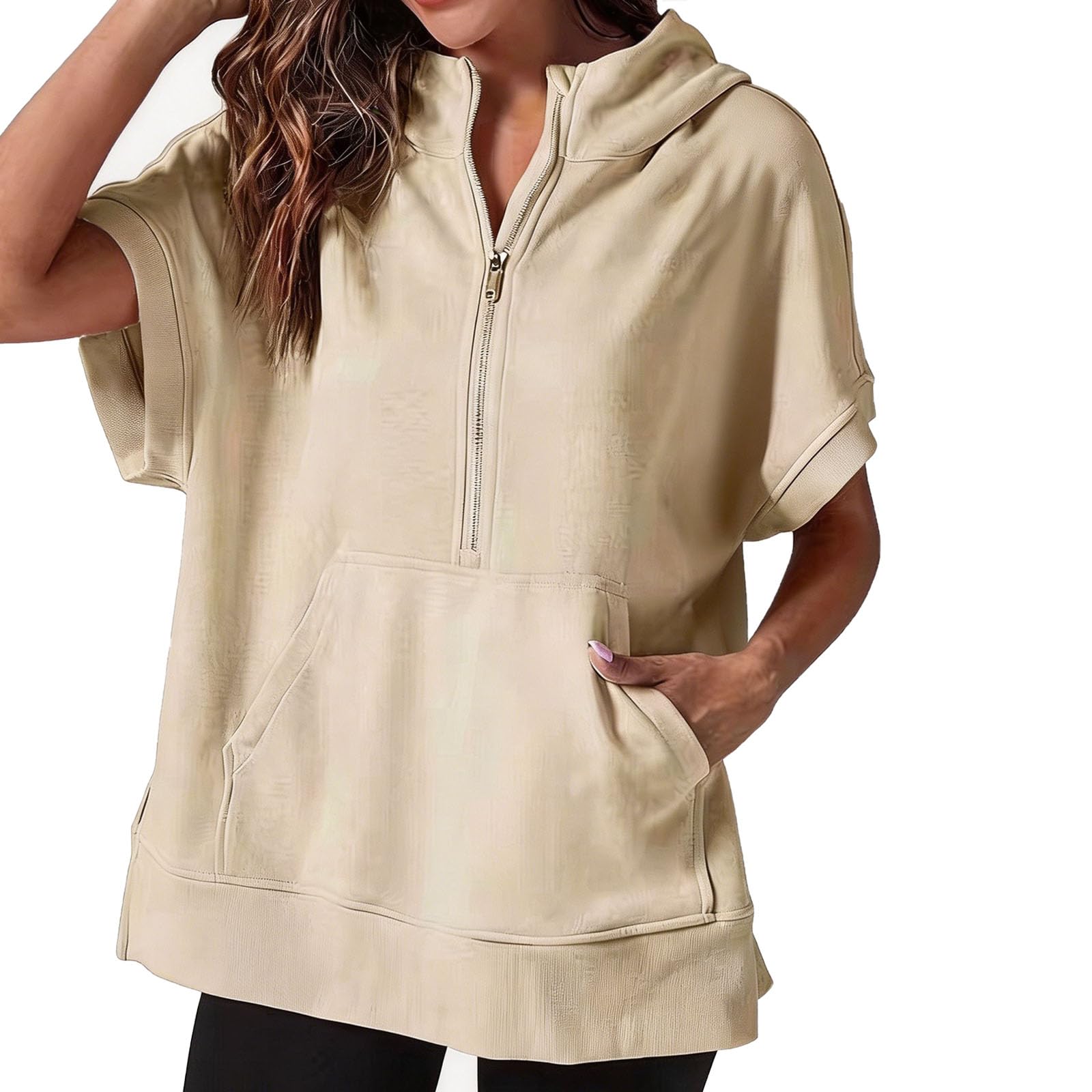 Generisch Oversized damska bluza z kapturem z zamkiem błyskawicznym do połowy długości, sweter z krótkim rękawem z zamkiem błyskawicznym i kieszenią na co dzień