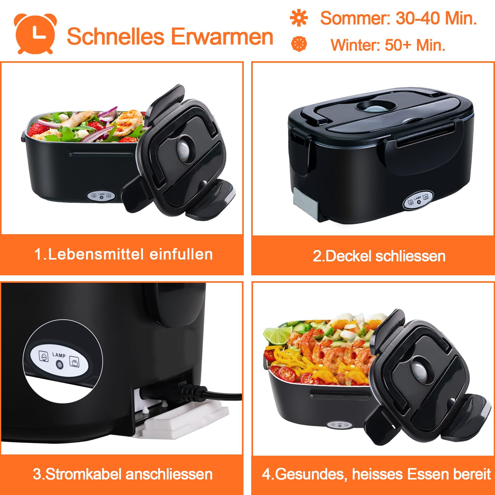 Elektrische Lunchbox 1,5 L – 4-in-1 (12V/24V/110V/220V), Aus Edelstahl, Mit Gabel & Löffel, Isoliertasche, Für Auto, LKW, Büro & Zuhause