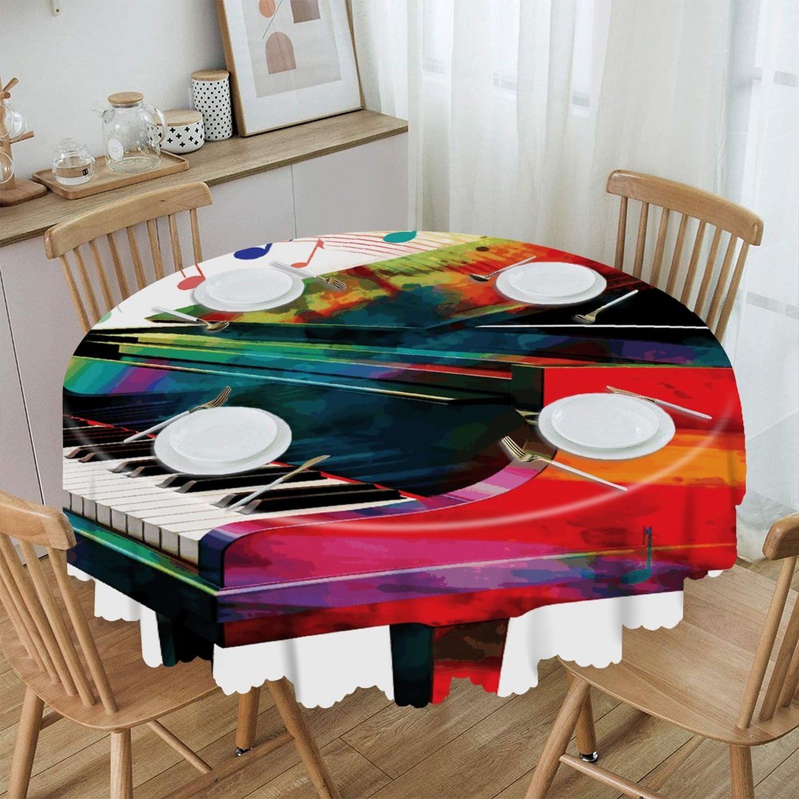 VstaDank 60 Inch Round Colorful Piano Keyboard Music Tablecloth Polyester Waterproof Wrinkle Free Table Cloth Spillproof Washable Table Cover Colorful Tablecover Decor for Home Kitchen Dining Party