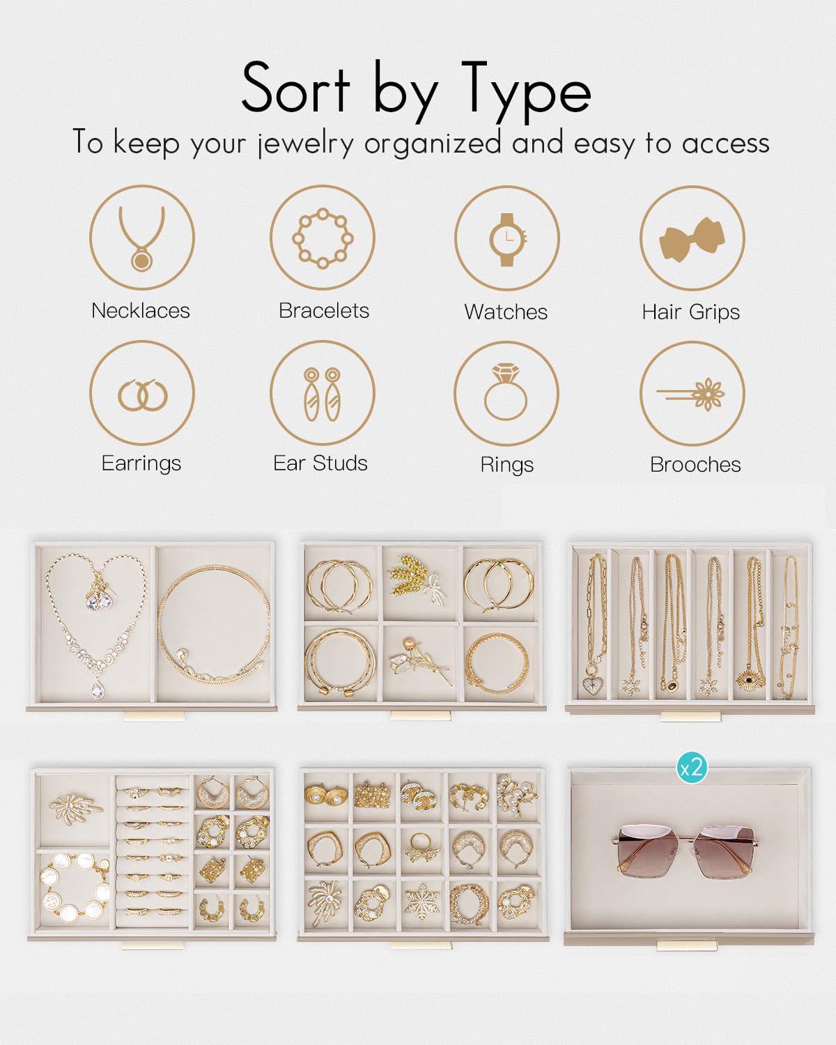 VLANDO Boîte à bijoux à 7 niveaux, boîte à bijoux, rangement de bijoux, organiseur de bijoux avec couvercle en verre, pour colliers, boucles d'oreilles, montres, bracelets, moderne, café au lait