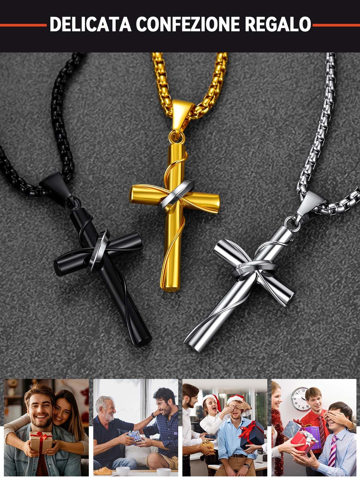 FaithHeart Collana con Croce da Uomo, Ciondolo Croce Cristiana, Acciaio Chirurgico Inossidabile 316L, Impermeabile, Tre colori, Catena 55+5cm, Regali Comunione Maschio