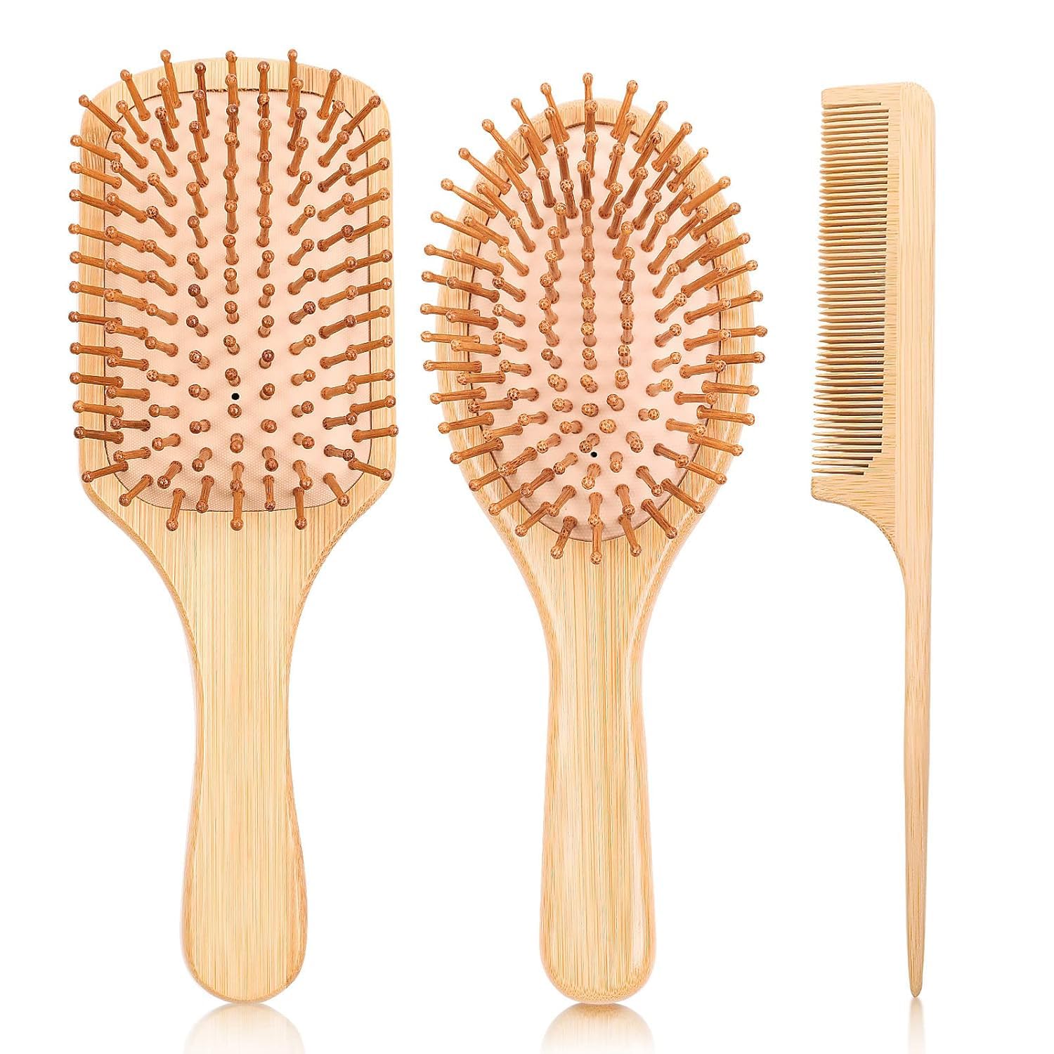 VIZARO Bamboo Hair Brush for Women, Natural Bamboo Bristles Detangling Wooden Paddle Hair Brush & Comb Set for Hair Growth,Scalp Massager, Anti Breakage Hair Care - 3 Piece Set 2