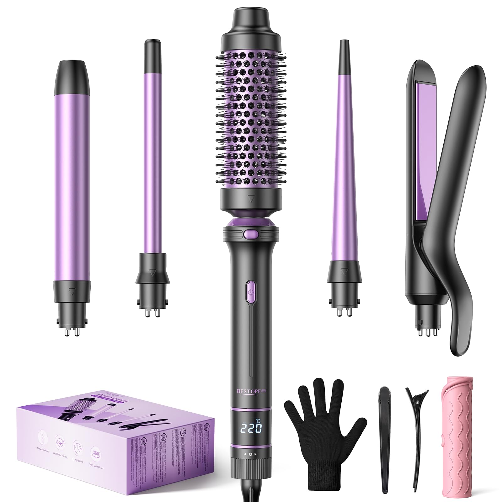 BESTOPE PRO 5 in 1 Hair Curling Wand, Hair Curler Set including Thermal Brush and Hair Straightener