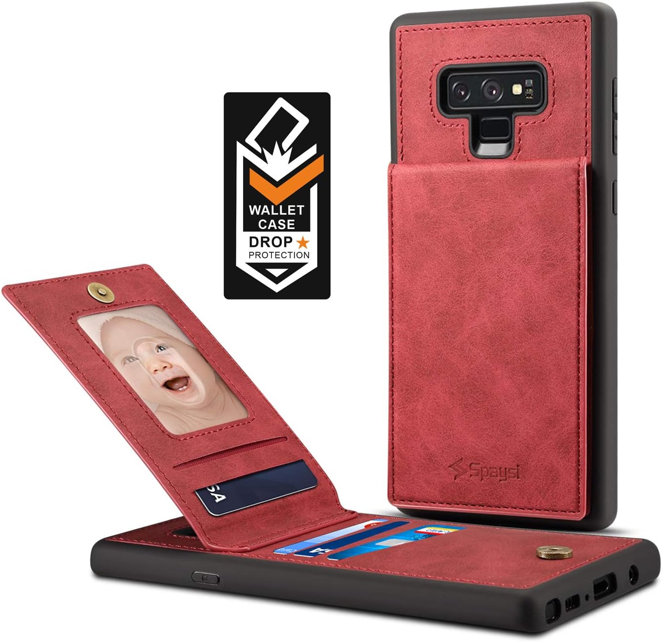 Samsung Galaxy Note 9 Card Holder Case, Note 9 Wallet Case Spaysi Slim, Galaxy Note 9 Folio Leather case, Flip Cover, Gift Box, for Note9 (Red)