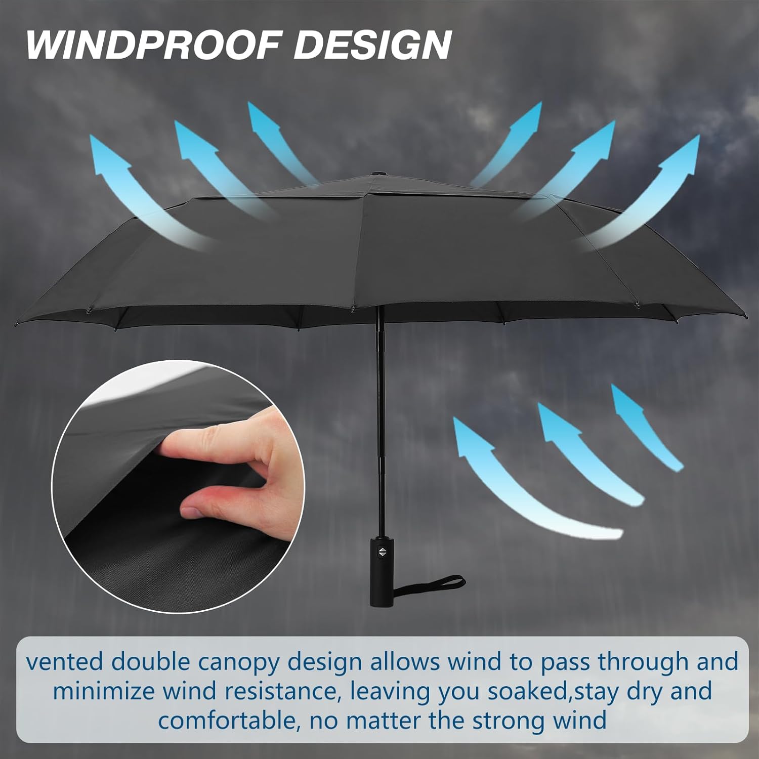 Compact Travel Umbrella fo Rain, Windproof Folding Umbrella with 9 Fiberglass Ribs, Vented Double Canopy, Automatic Open Close, Lightweight Portable Umbrella