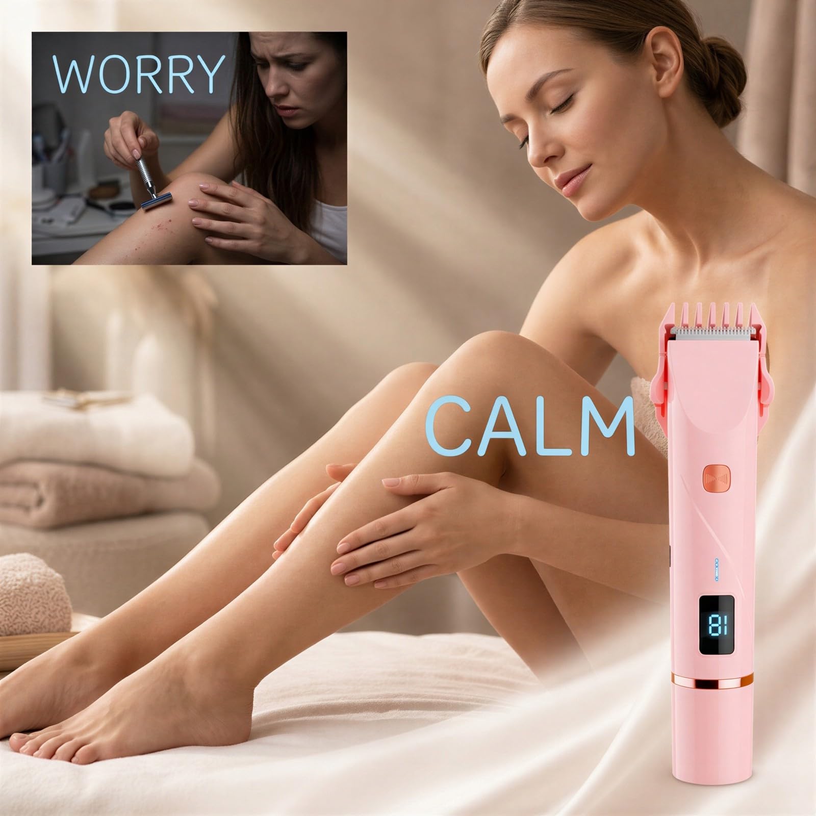 Bikini-Trimmer für Frauen, 2-in-1 elektrischer Bikini-Trimmer und Körperrasierer mit Keramikklinge, wasserdicht, mit LED-Akkuanzeige, für Intimbereiche, Achseln und Beine, Rosa