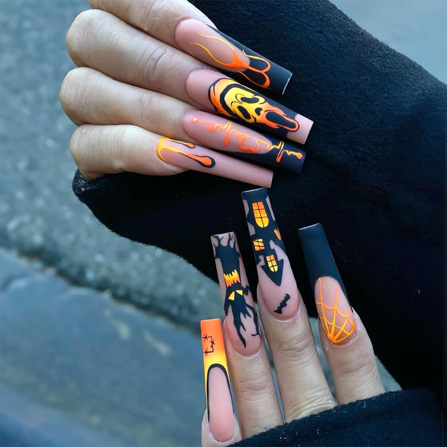 Halloween Press on Nails Extra Long Square Fake Nails Orange Yellow Gradient Ghost Spider Web Blood Drop False Nails Black French Tip Castle Acrylic Nails Day of the Dead Stick on Nails Glue on Nails