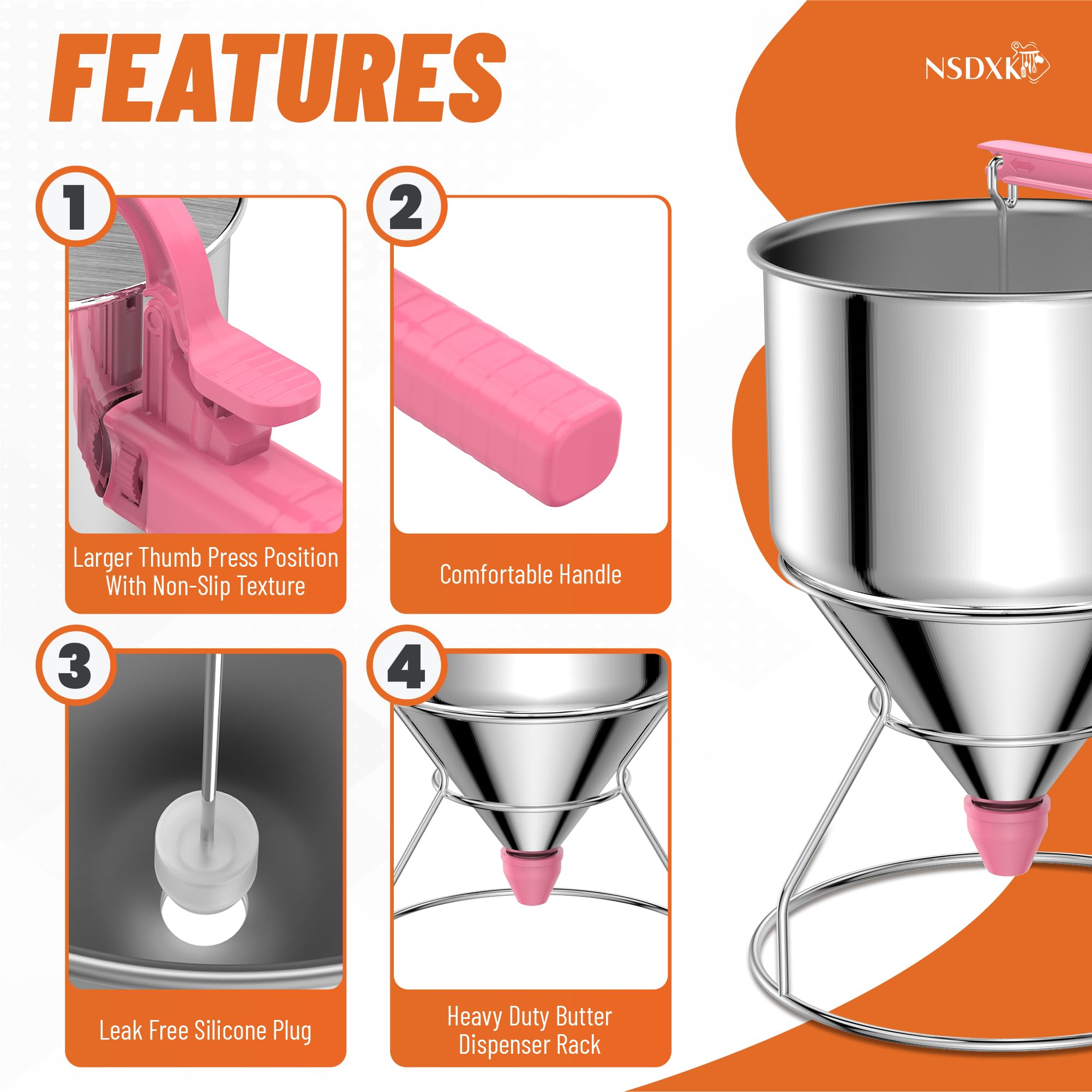 Dispensador de masa para panqueques de 40 onzas, dispensador de pasteles de acero inoxidable con soporte, ideal para panqueques, cupcakes, gofres o cualquier producto horneado, duradero, sin