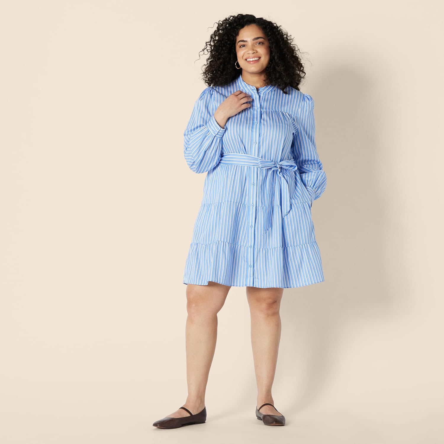 Amazon Essentials Women's Regular-Fit Cotton Sateen Tiered Shirt Dress - Image 6