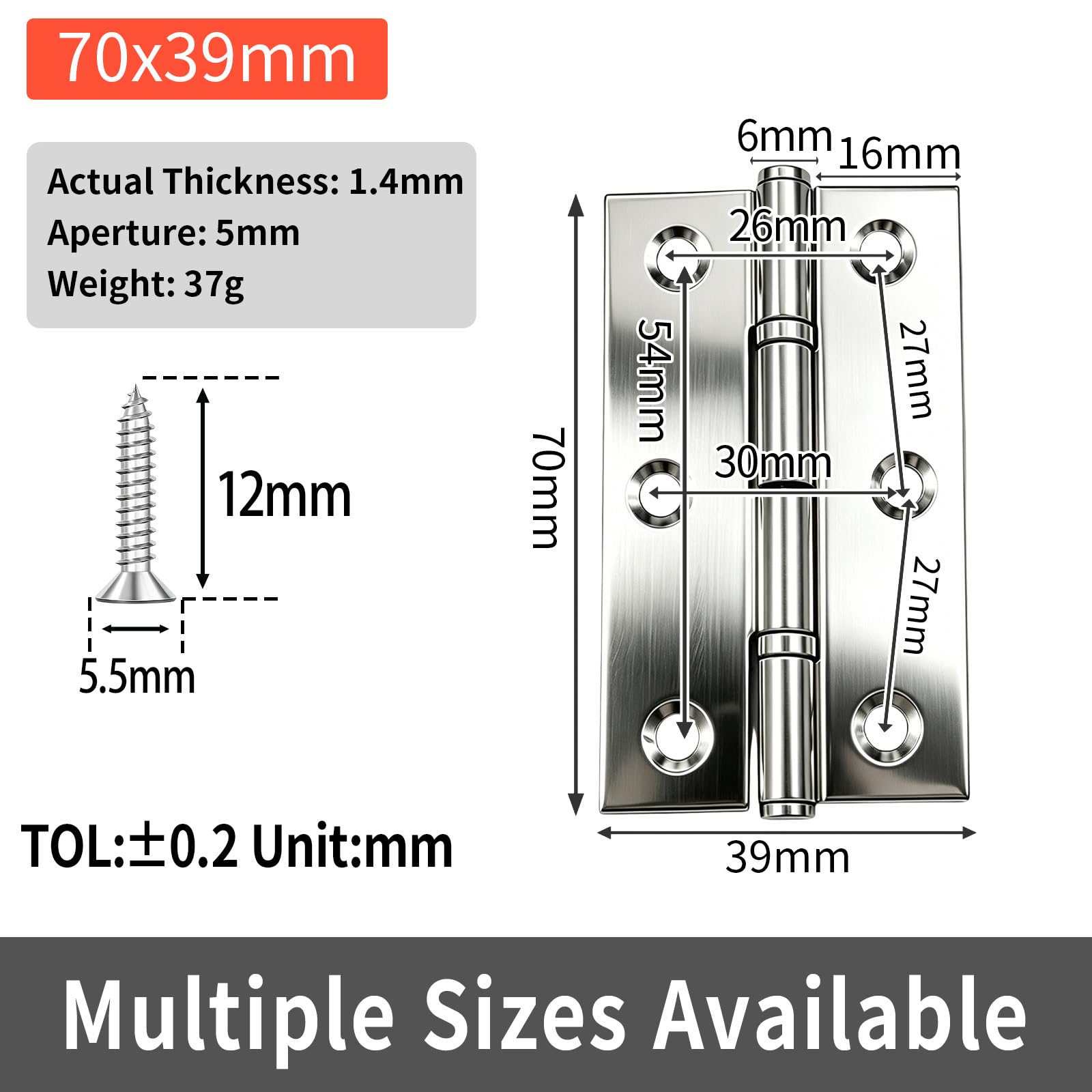 HAISHANG 4 Pièces 70x39mm Charniere Porte Placard pour Meubles avec Vis | Charnière Inox A2 V2A 304 Acier Inoxydable Paumelles Charnière Connecteurs pour Piano Meubles Armoire Porte Tiroir