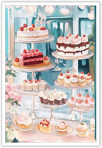 Miniatura 1 de LRCYBMN Póster de moda con estampado de tartas de panadería y cafetería, lienzo de cocina azul funky para decoración de pared, pintura de acuarela
