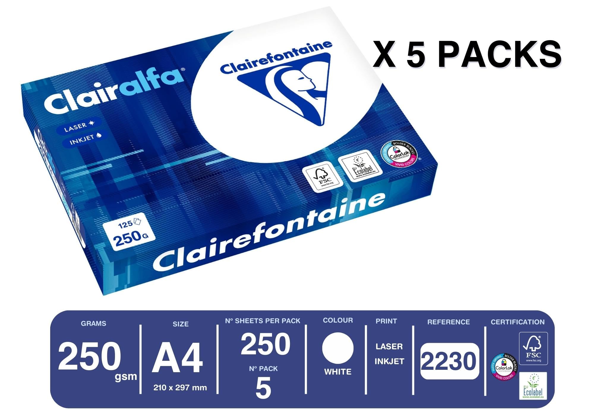 Clairefontaine Clairalfa 2230C 1000 fogli di carta bianca formato A4, 250 g al m2, confezione con 4 risme da 250 fogli, colore: bianco (171 CIE)