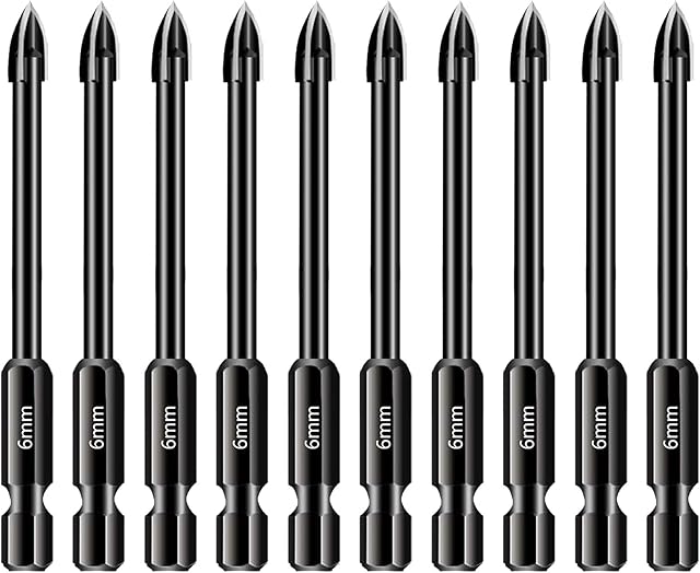 10 Pieces Drill Bits, 6mm Tile and Glass Tile Drill Bit Set, Multi-Purpose 1/4 Hex Shank Tungsten Carbide Drilling Tool for Porcelain Ceramic Tile, Mirrors, Concrete, Brick Wall, Glass