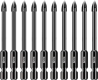 10 Pieces Masonry Drill Bits, 6mm Tile and Glass Concrete Tile Drill Bit Set, Multi-Purpose 1/4 Hex Shank Tungsten Carbide Drilling Tool for Porcelain Ceramic Tile, Mirrors, Brick Wall