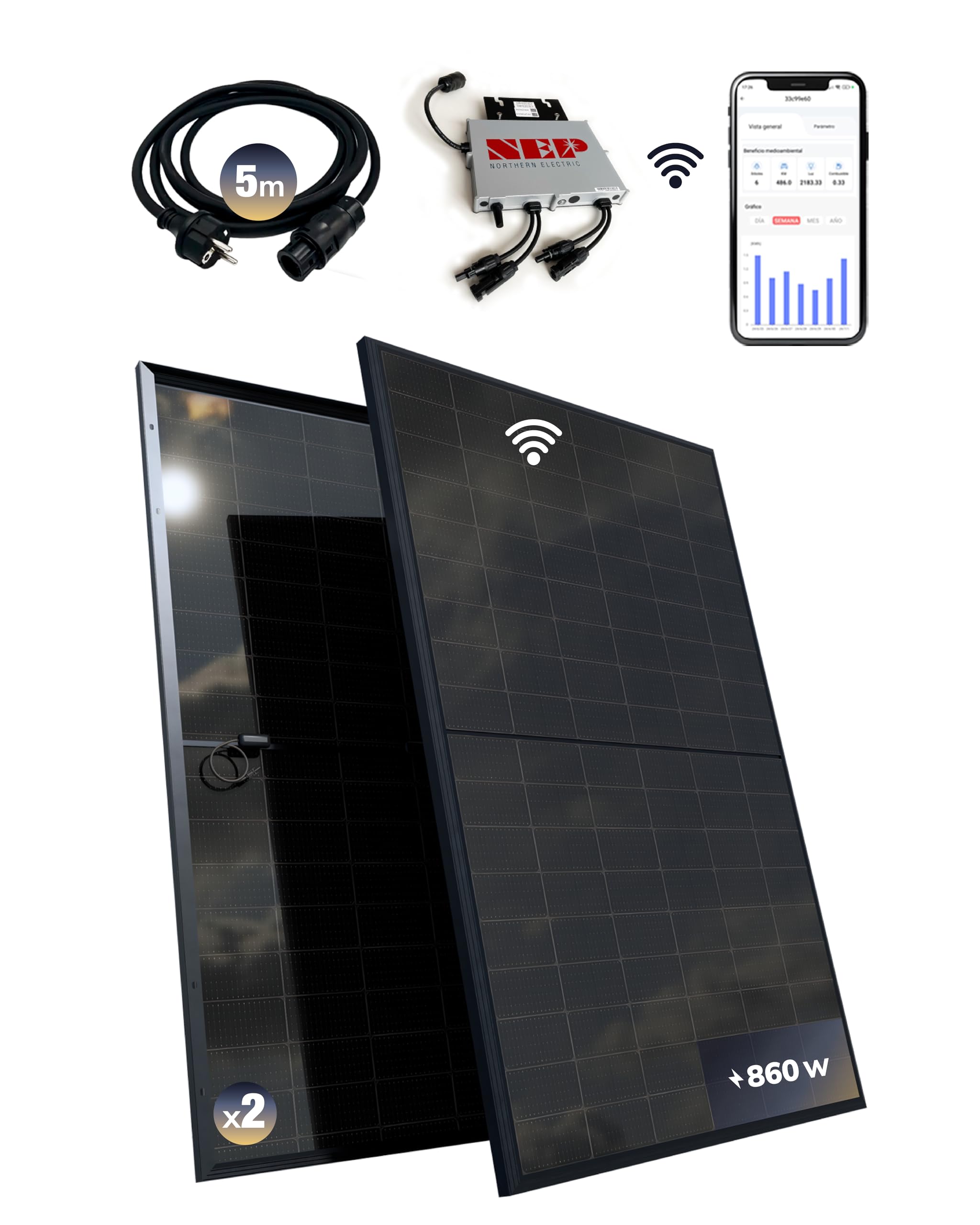 Kit Solar balcón y tejado 800W Autoconsumo | Plug and Play | 2 placas solares bifaciales 430W | Monocristalino | TOPCon | Microinversor NEP BDM800W | App de monitorización