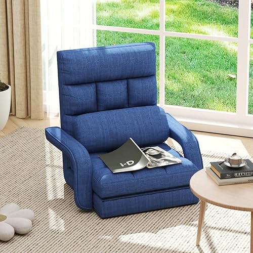 Miniatura 5 de Silla de juegos de suelo, 6 posiciones ajustables, tumbona, para adolescentes y adultos, silla plegable acolchada de meditación con reposabrazos y