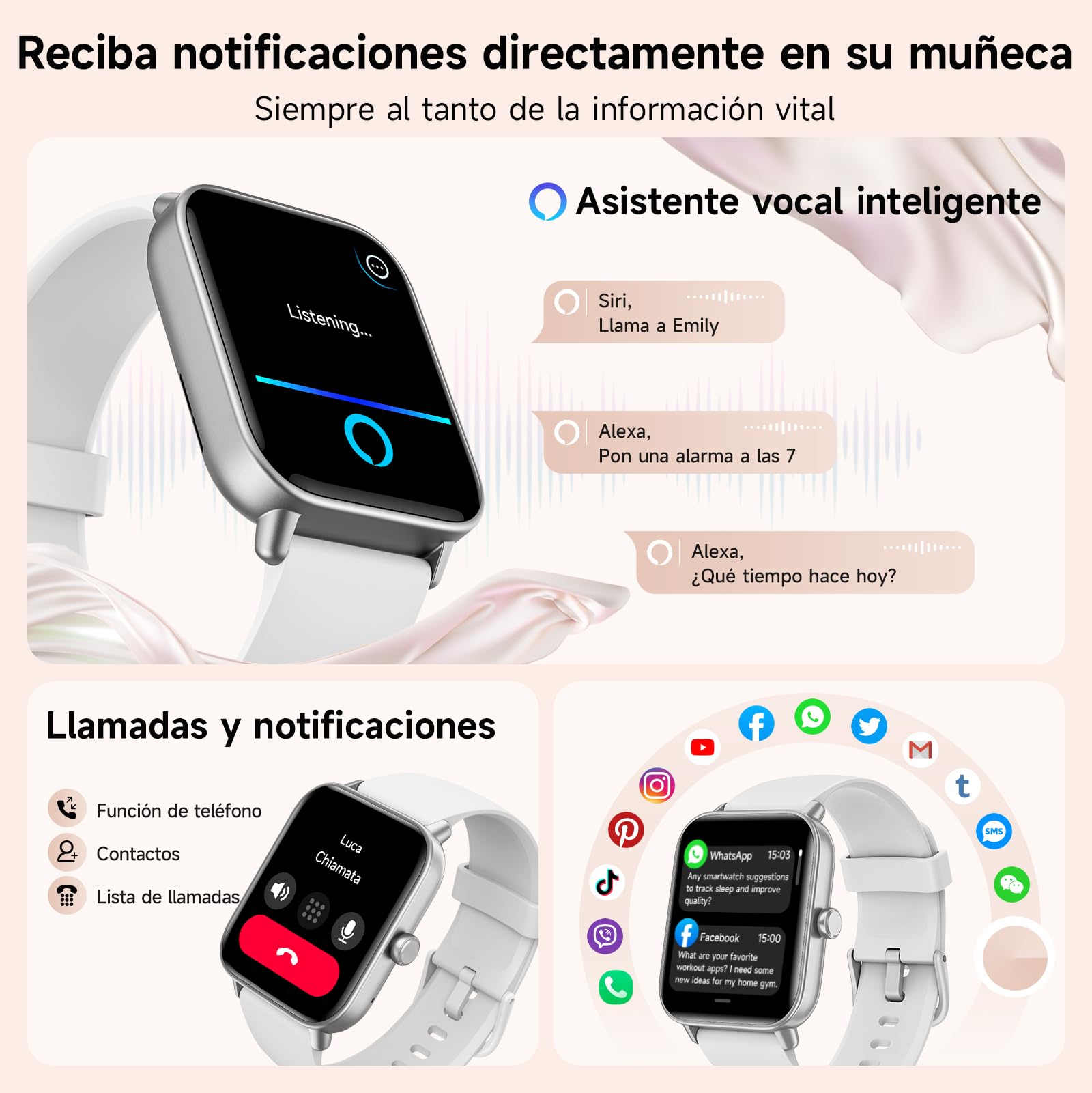 Reloj Inteligente Mujer Smartwatch 1.85" con Llamadas Bluetooth y Alexa, Monitor de Frecuencia Cardíaca/SPO₂/Estrés/Sueño, Podómetro, IP68 Impermeable, 100+ Modos Deportivos para Samsung Android iOS