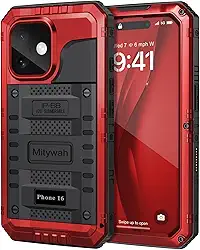 Mitywah Capa à prova d'água para iPhone 16, capa resistente à prova de choque com protetor de tela integrado, capa protetora de metal subaquática de corpo inteiro de 6,1 polegadas, vermelha