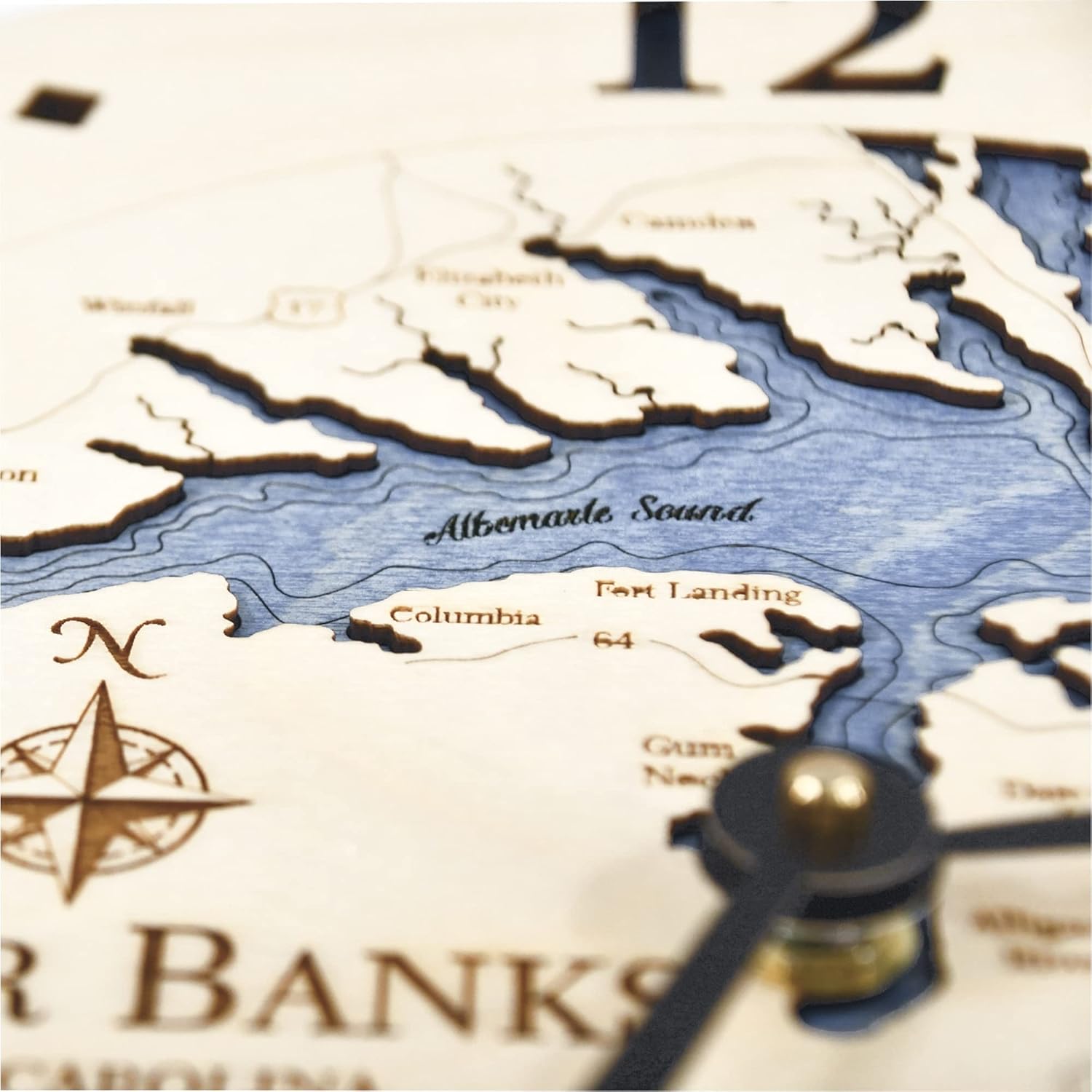 Sea & Soul Outer Banks 3-D Nautical Wood Chart 12" Wall Clock, Handcrafted in The USA, Topographic Water Map Clock, Carved Lake Art Wall Clock, Coastal Décor (Deep Blue)