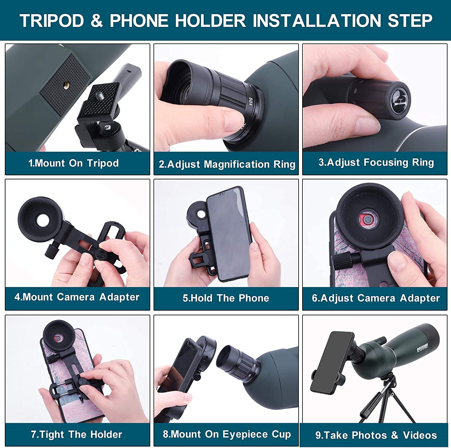 Cannocchiale, zoom 20-75x70mm Lente ottica completamente multistrato antiappannamento e mobile Telescopio con design in gomma per oculare con kit di montaggio rapido per smartphone e treppiede