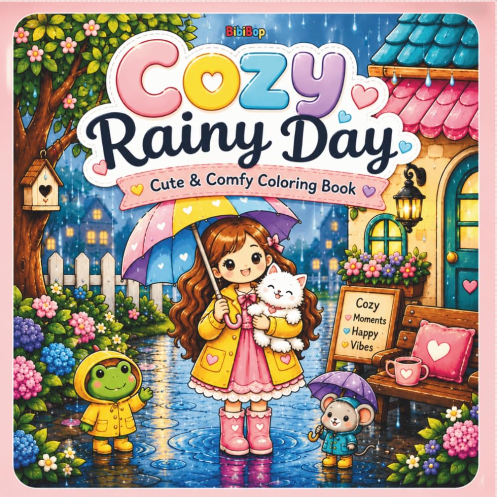 COZY RAINY DAY Cute & Comfy Coloring Book: Bold and Easy Illustrations of Rainy Cottages, Cozy Interiors, Cute Animals, and Relaxing Comfort Scenes for Stress Relief